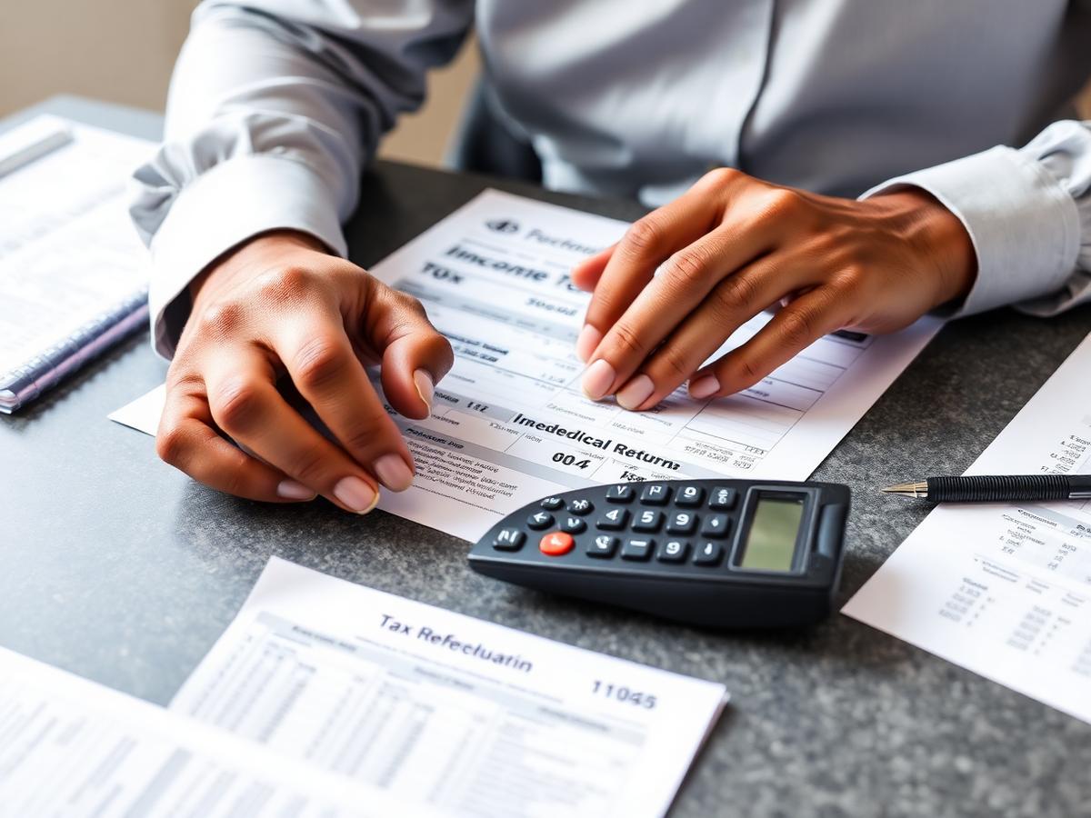 Tax consultant preparing income tax return paperwork